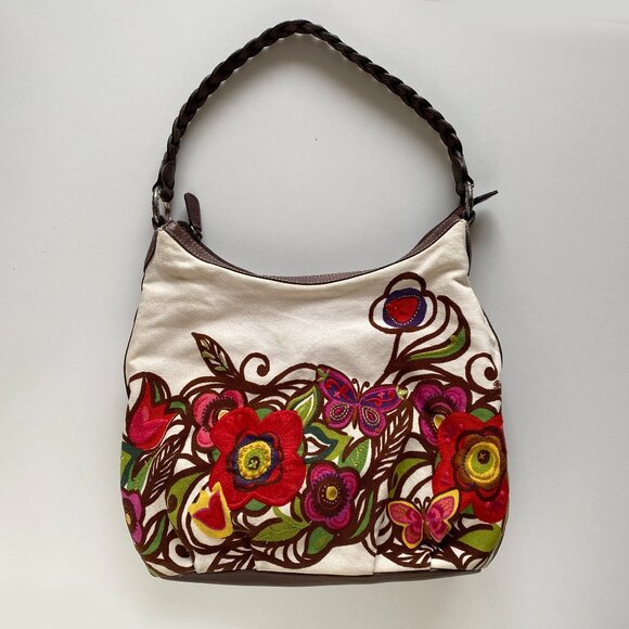 Brighton Canvas Shoulder Bag Embroidered Flowers Butterflies Braided Leather - Picture 1 of 15